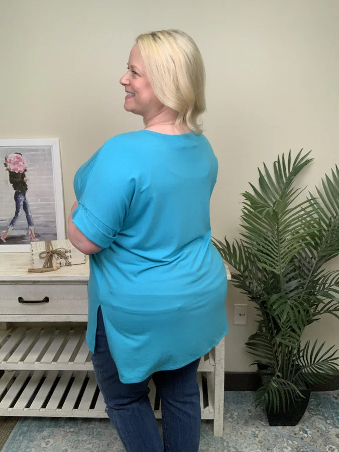 It's All Going On Women's Hi-Lo Rolled Short Sleeve Top