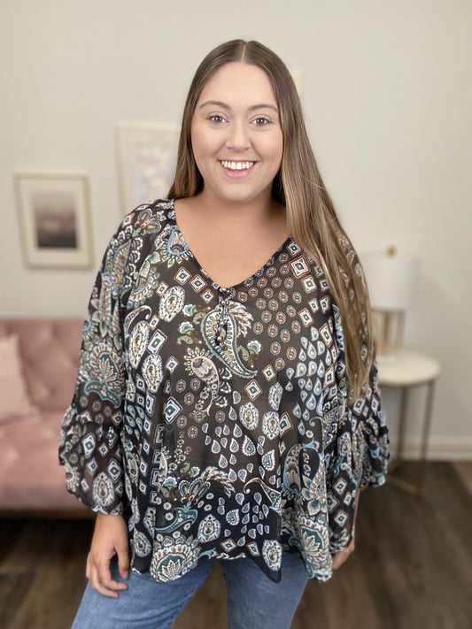 Loving Me Women's Paisley Ruffle Long Sleeve Top *Final Sale*