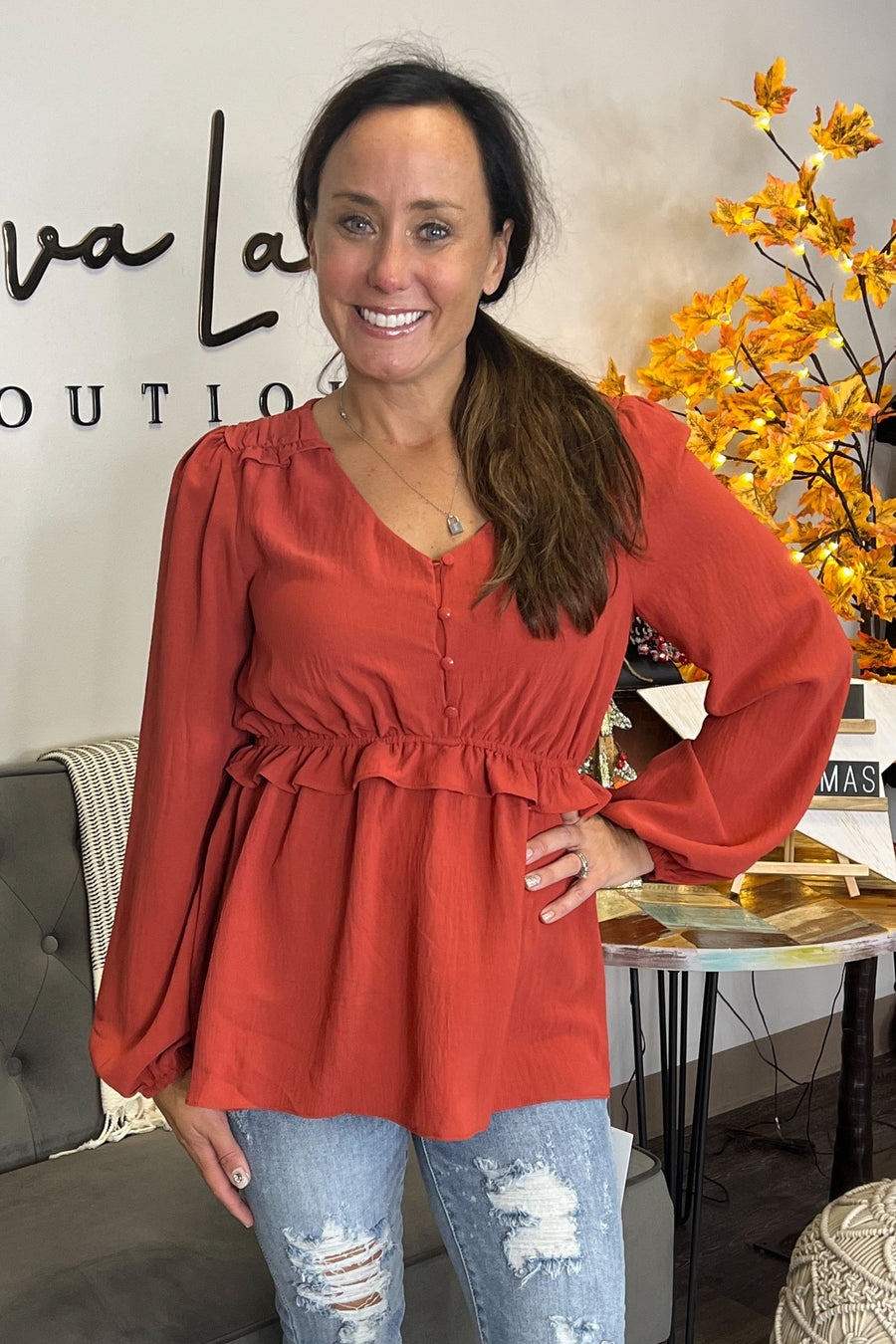 Ruffle Touch Women's Hi-Lo Long Sleeve Top *Final Sale*