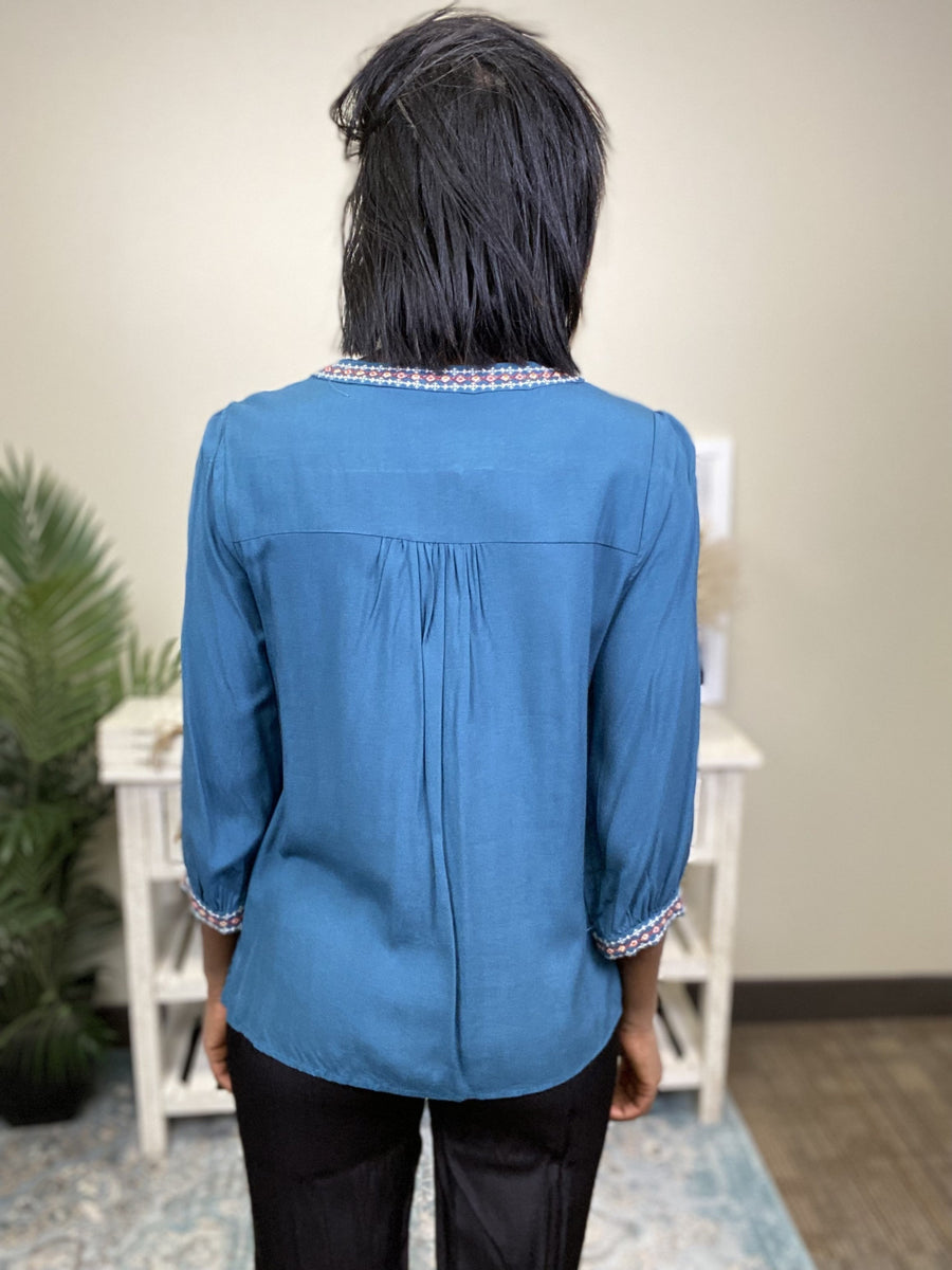 To Be In Love Women's Embroidered 3/4 Sleeve Top *Final Sale*