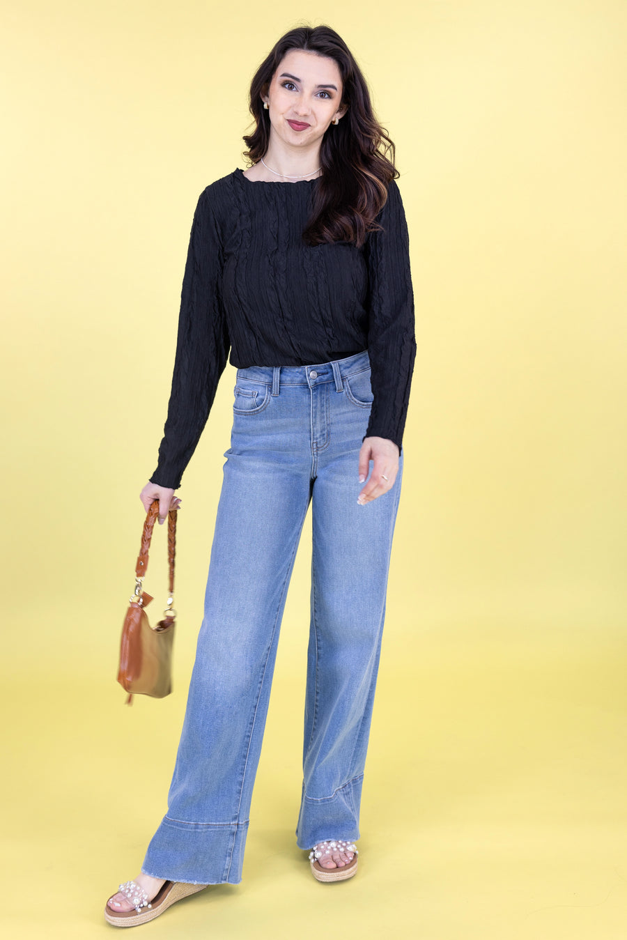 Women's Crinkle Knit Long Sleeve Top