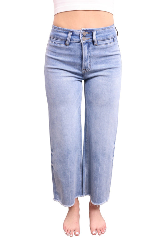 Ava Lane Boutique light wash cropped wide leg jeans with tummy control and raw hem
