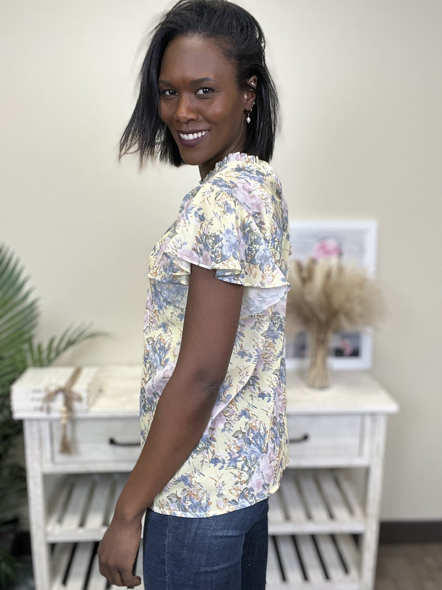 Our Song Women's Mock Neckline Ruffle Short Sleeve Top *Final Sale*