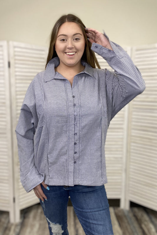 The Pinstripe Paradise Women's Hi-Lo Button Down Long Sleeve Top *Final Sale*