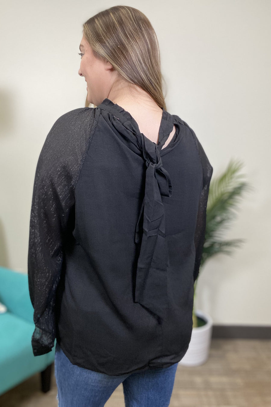 Sheer Elegance Mock Neck Shimmer Long Sleeve Top *Final Sale*