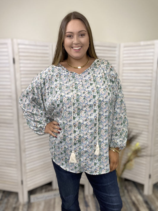 Tie One Up Women's Floral Tassel Long Sleeve Top *Final Sale*