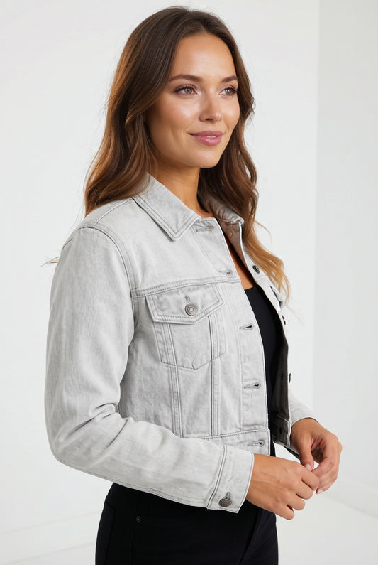 The Steele by Ava Lane Cropped Light Gray Wash Denim Jacket