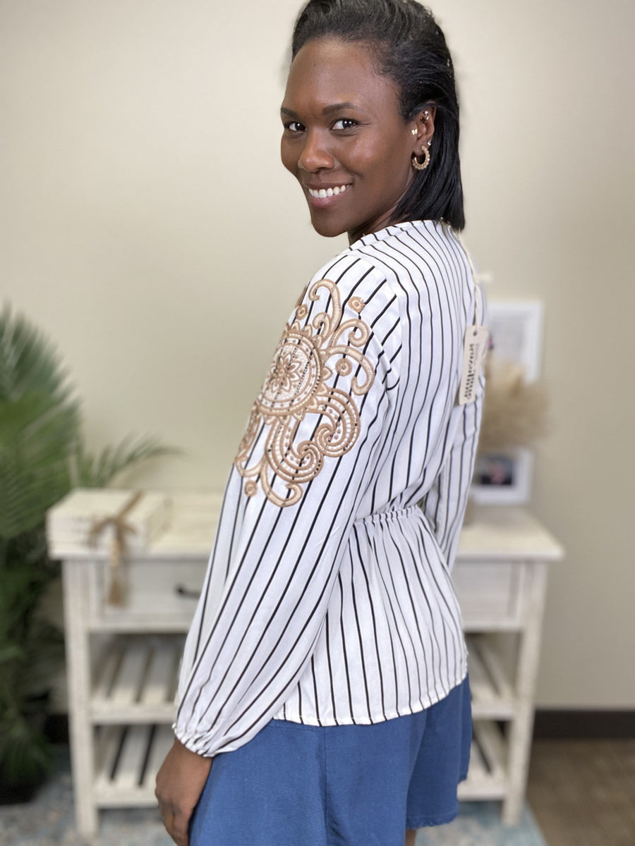 Out With Friends Women's Embroidered Striped Long Sleeve Top