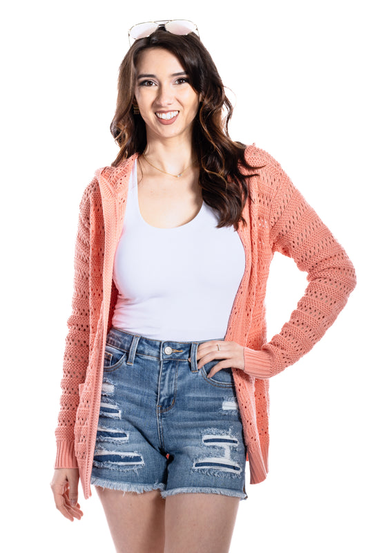 Women's Crochet Knit Sweater Hooded Cardigan