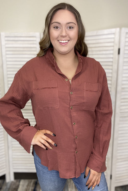 Simple Style Women's Cotton Button Down Long Sleeve Top