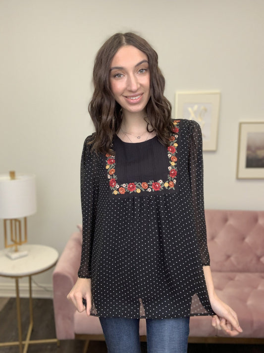 Still Remember Women's Embroidered Polka-Dot Long Sleeve Top *Final Sale*