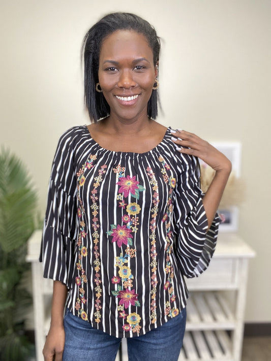 Shine Bright Women's Embroidered 3/4 Bell Sleeve Top *Final Sale*