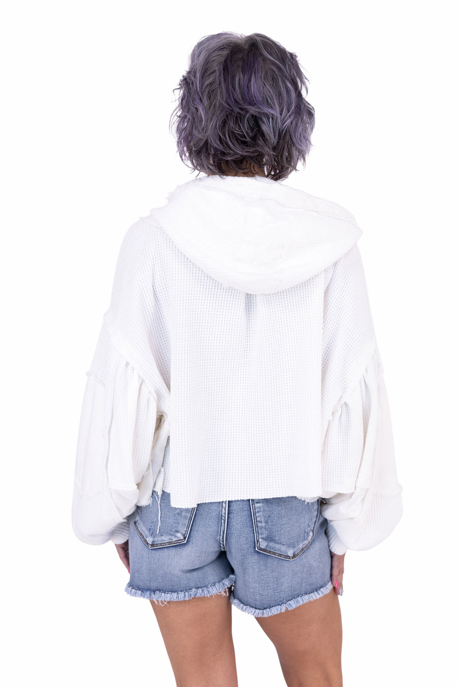 Women's Waffle Knit Cropped Hooded Button Up Top