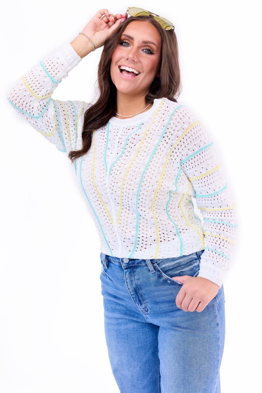 Women's Crochet Striped Open Knit Sweater