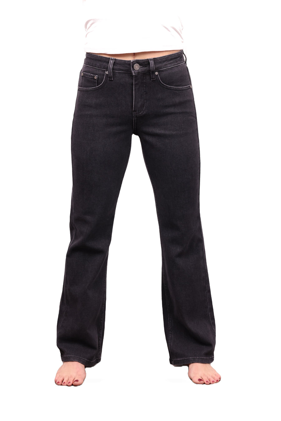 The Erica mid-rise bootcut tummy control jeans in charcoal, front view