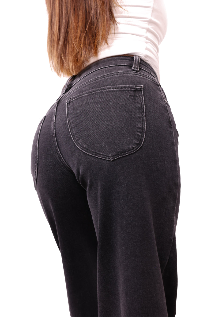 The Kim wide leg jeans in charcoal, back fit detail