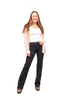 The Erica bootcut jeans in charcoal styled with a cream cardigan and boots