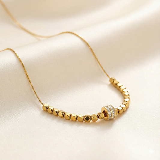 ALB Custom Gold Pebble Beaded Necklace With Pave Crystal Charm