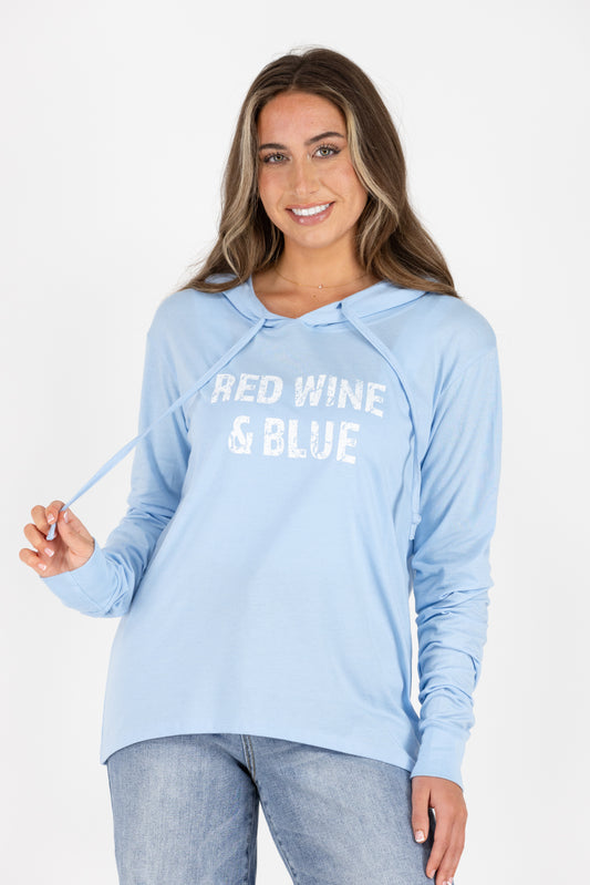 Red Wine & Blue Long Sleeve Hooded Tee *Final Sale*