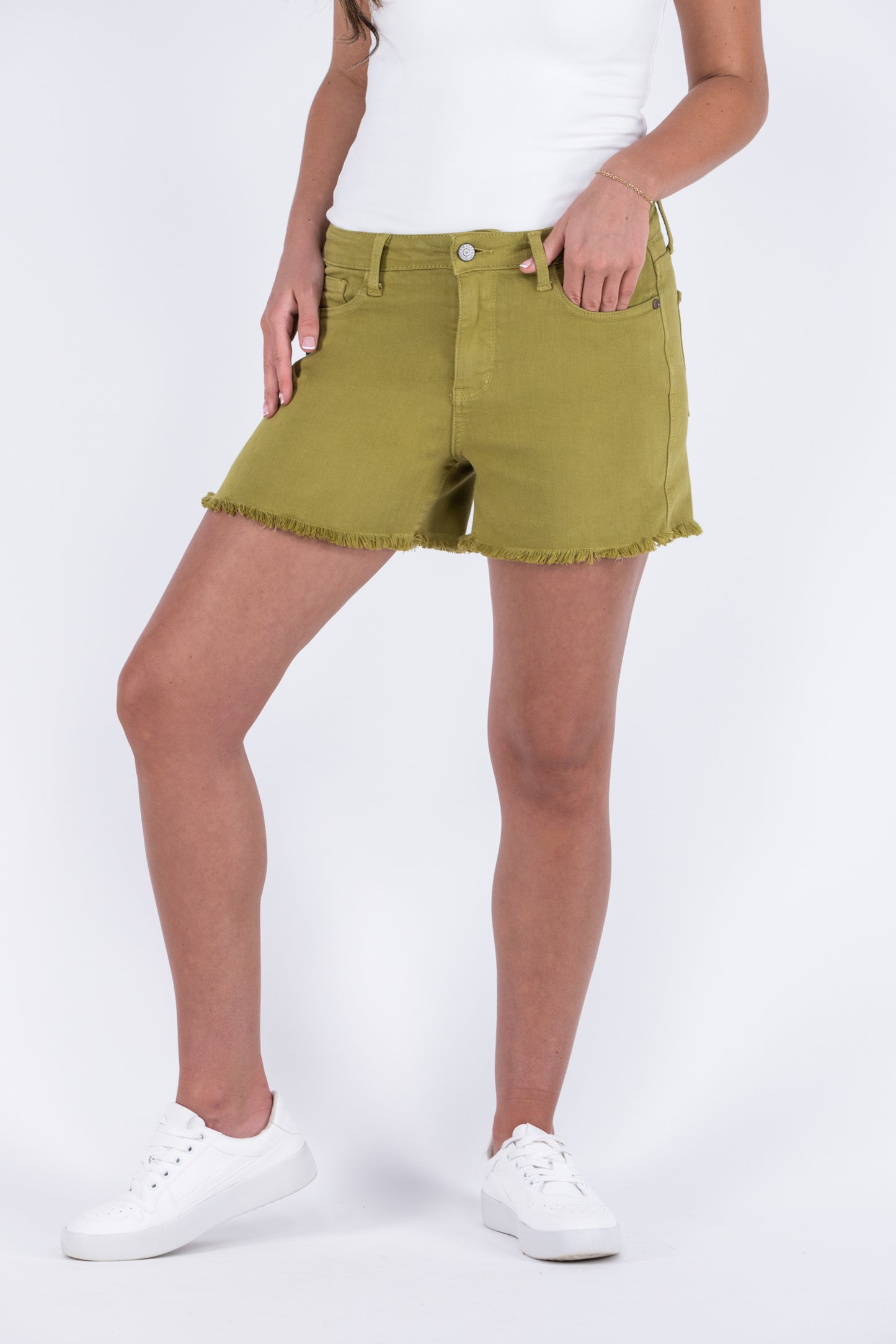 The Lizzie from Judy Blue: Mid-Rise Garment Dyed Fray Hem Denim Shorts