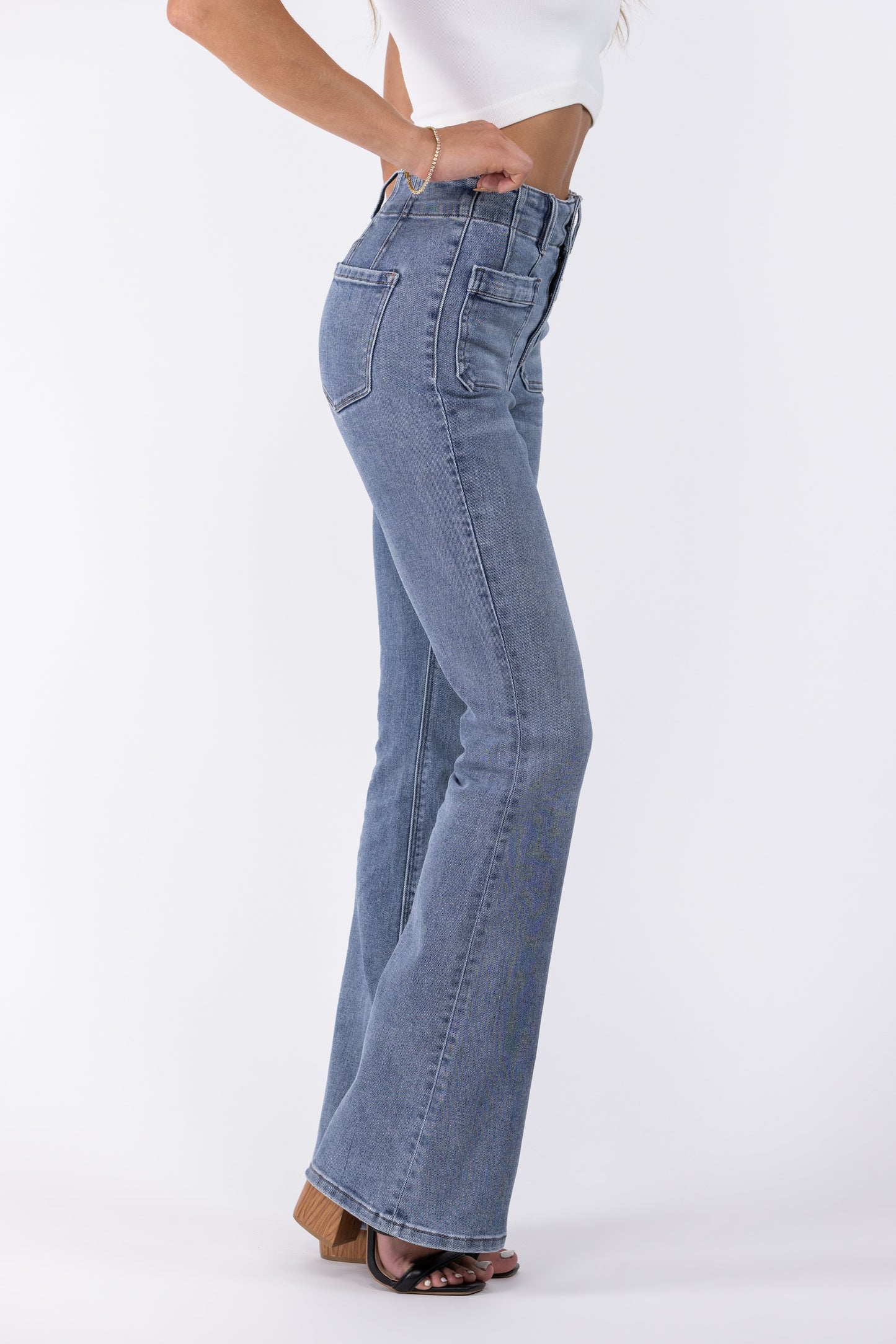 2 LENGTHS The Brooklyn from Lovervet: ALB Exclusive High-Rise Flare Denim featuring Patch Pockets Dart Detail