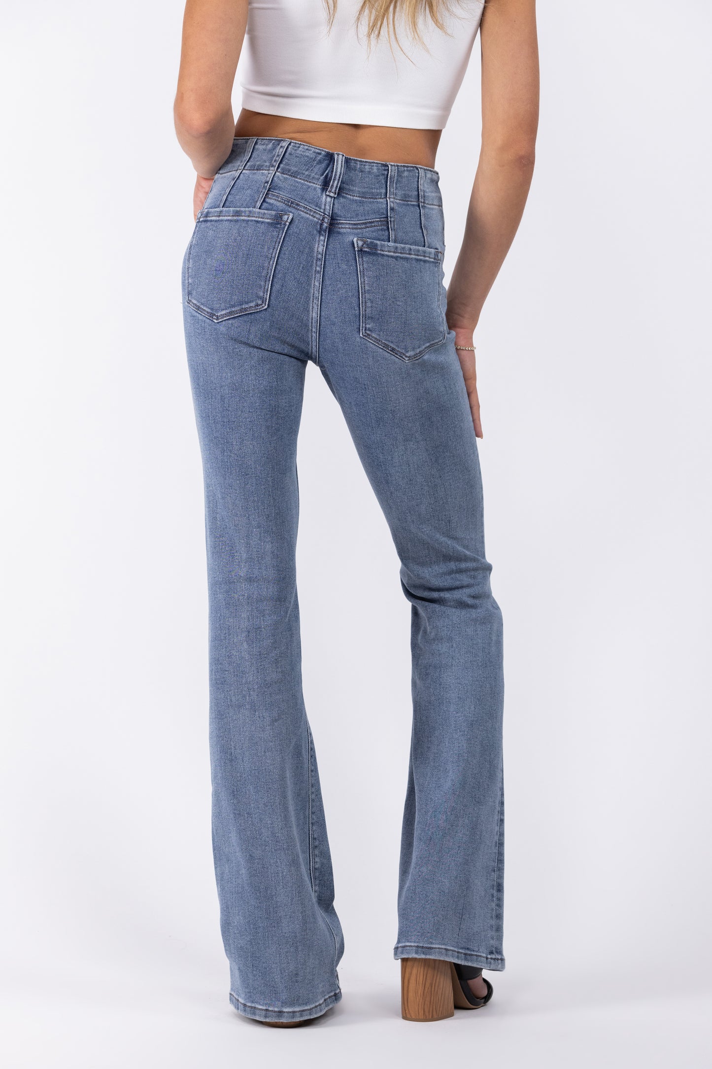 2 LENGTHS The Brooklyn from Lovervet: ALB Exclusive High-Rise Flare Denim featuring Patch Pockets Dart Detail
