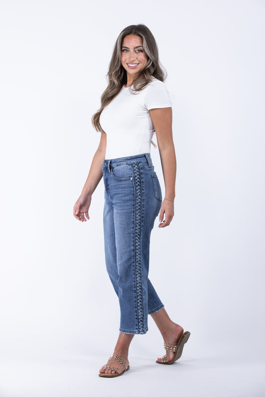 The Aurora from Judy Blue: High-Rise Braid SS Detail Crop Wide Leg Denim