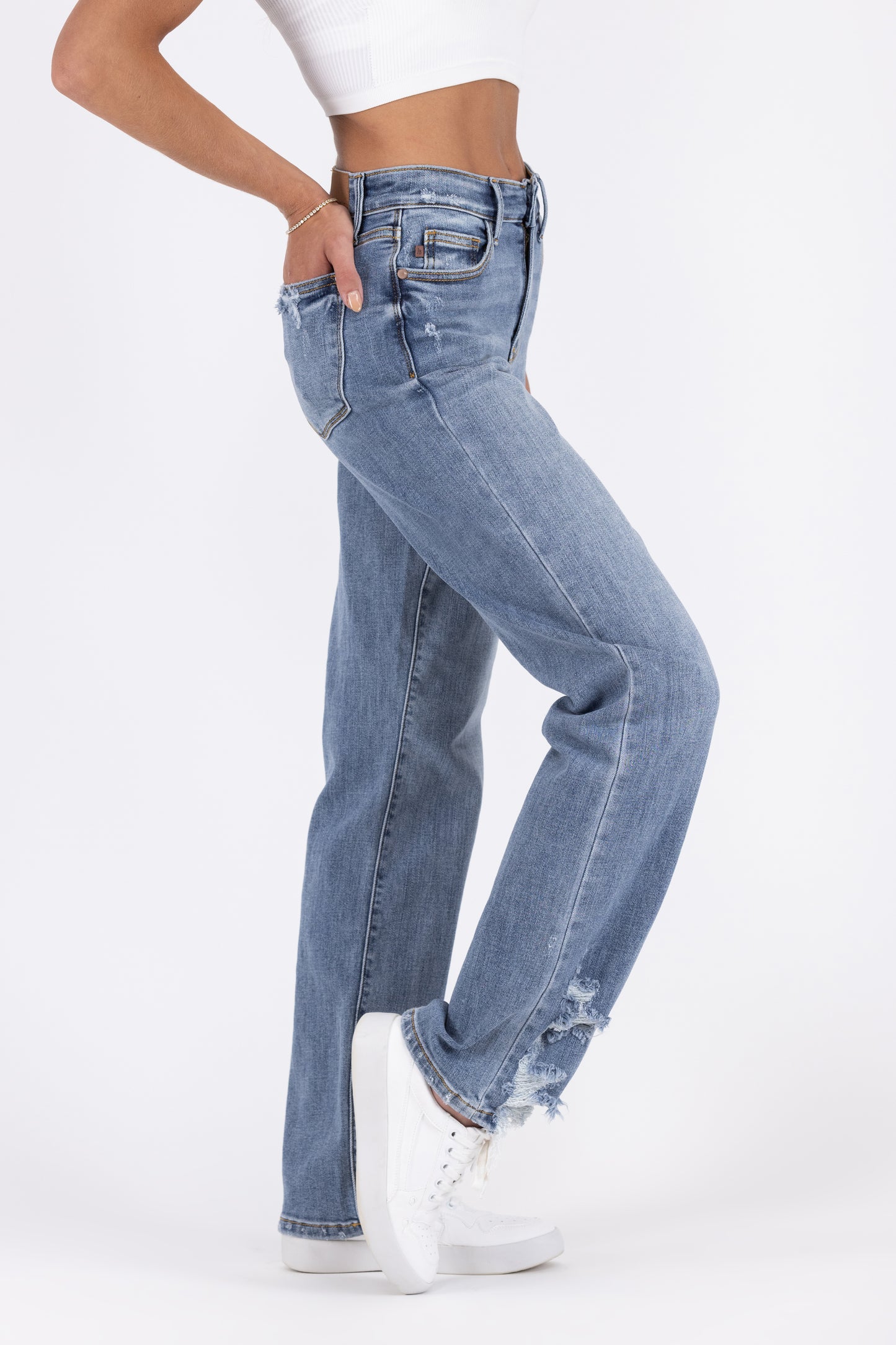 The Katie from Judy Blue: High-Rise Straight Leg Denim with Hem Line Distressing