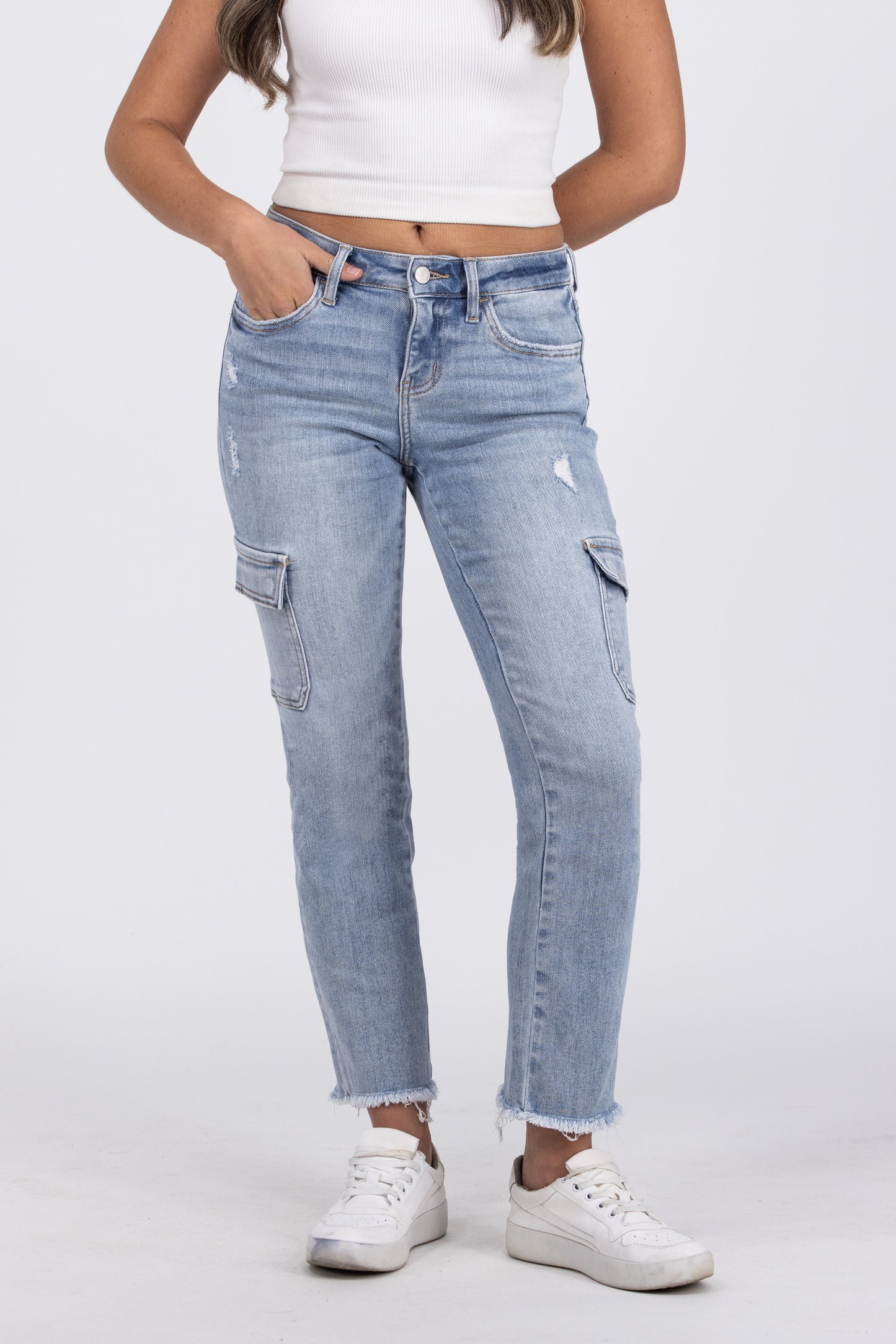 Sun Shining In The Sky from Lovervet: Mid-Rise Slim Straight Fit Cargo Denim