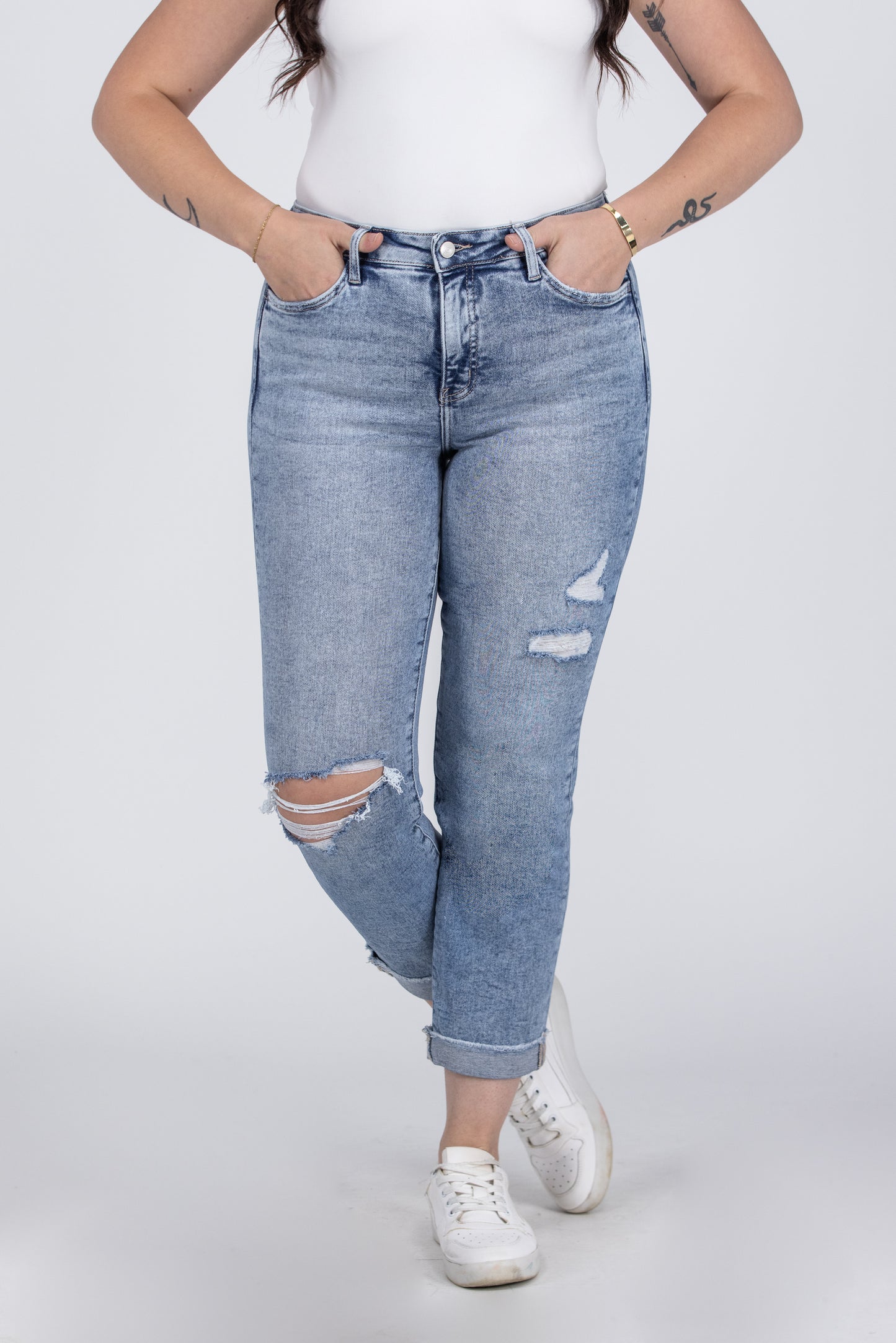 Down To The Wire from Lovervet: High-Rise Tummy Control Cuff Slim Straight Fit Denim