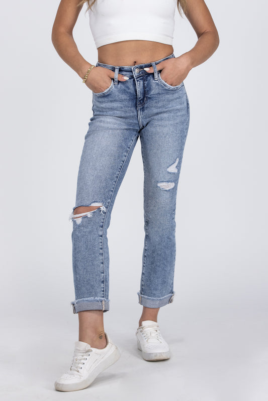 Down To The Wire from Lovervet: High-Rise Tummy Control Cuff Slim Straight Fit Denim