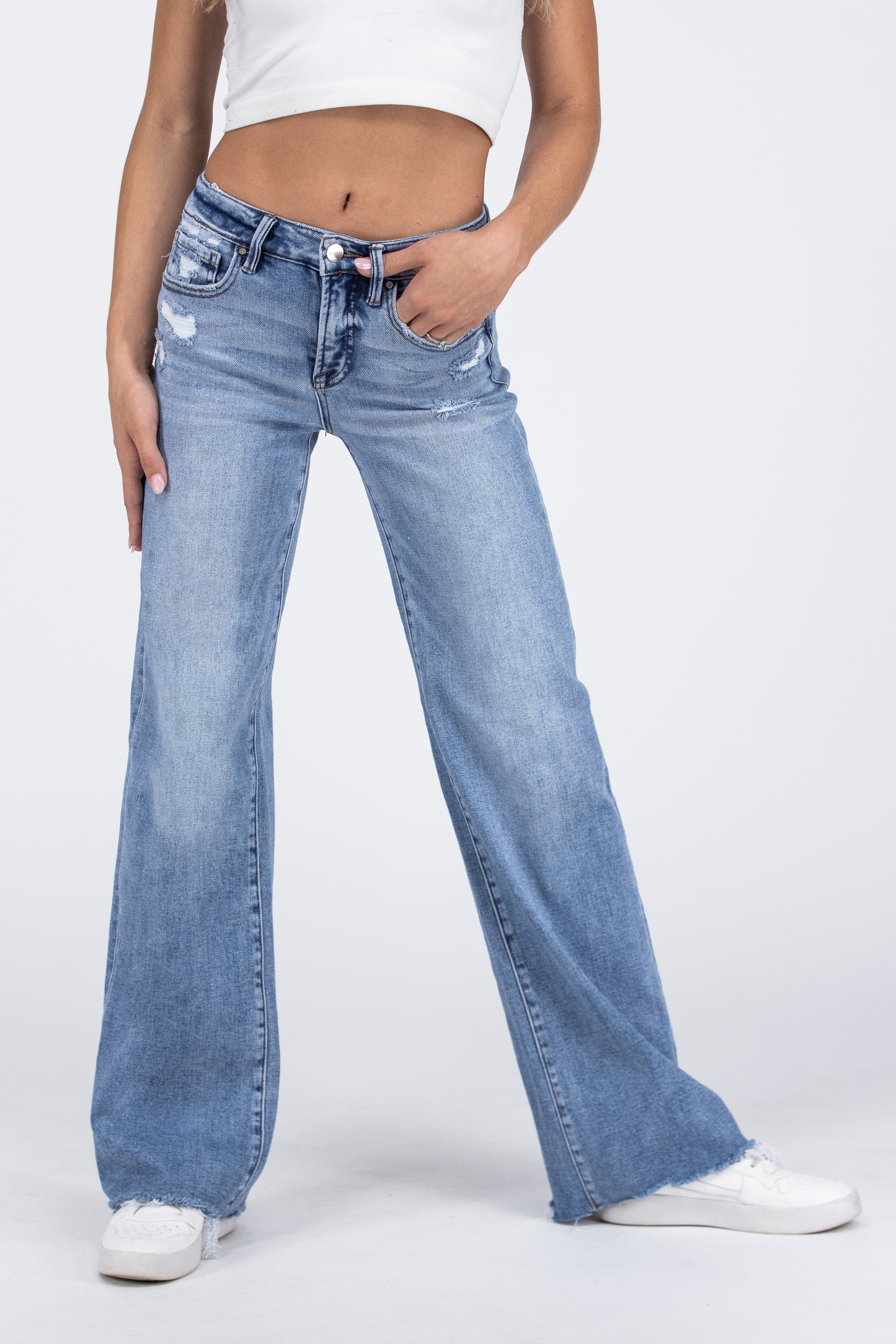 Livin' Relaxed from Risen: Mid-Rise Tummy Control Wide Leg Denim