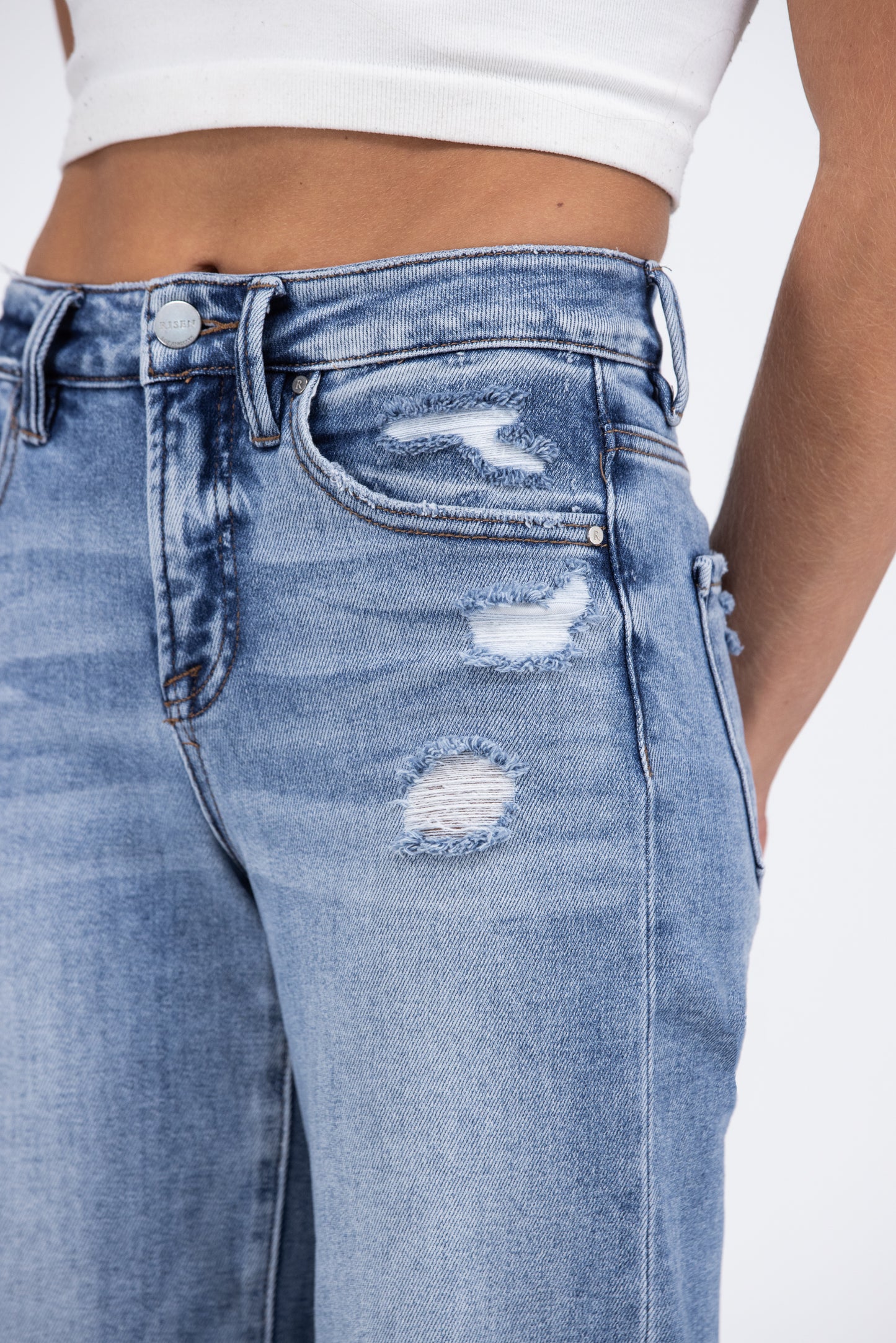 Livin' Relaxed from Risen: Mid-Rise Tummy Control Wide Leg Denim