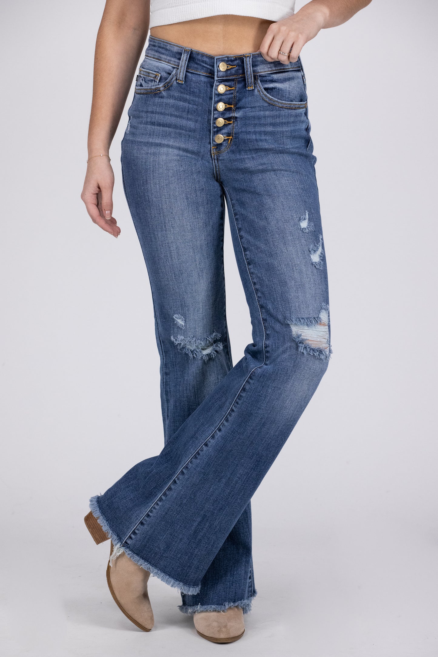 Raise A Glass from Judy Blue: Mid-Rise Button Fly Flare Denim