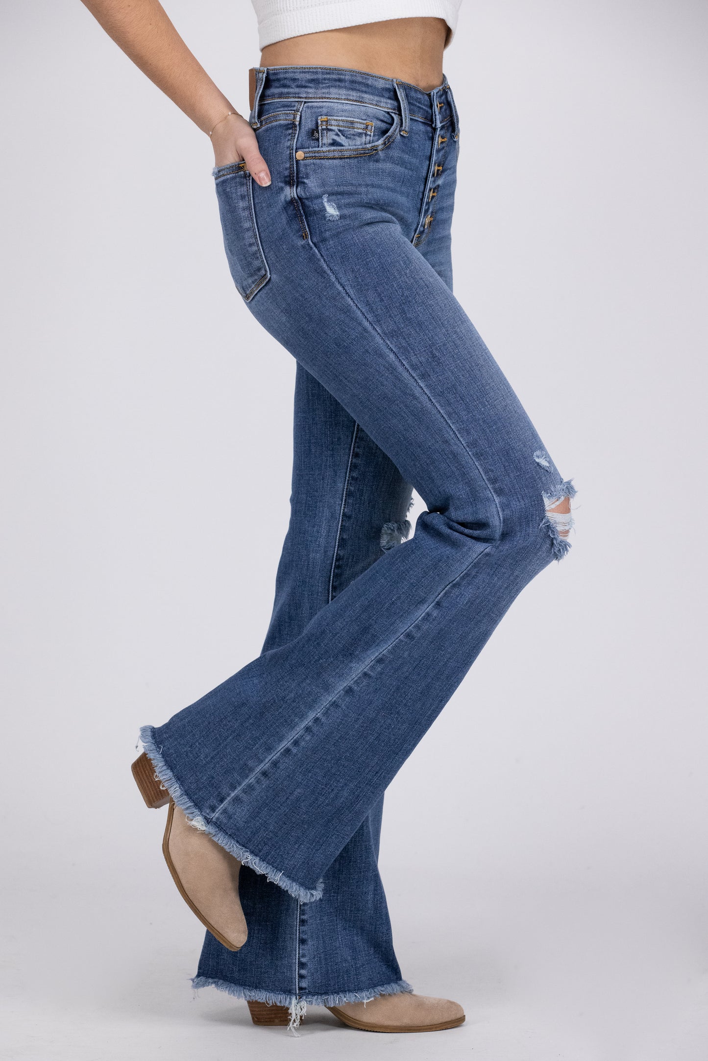 Raise A Glass from Judy Blue: Mid-Rise Button Fly Flare Denim