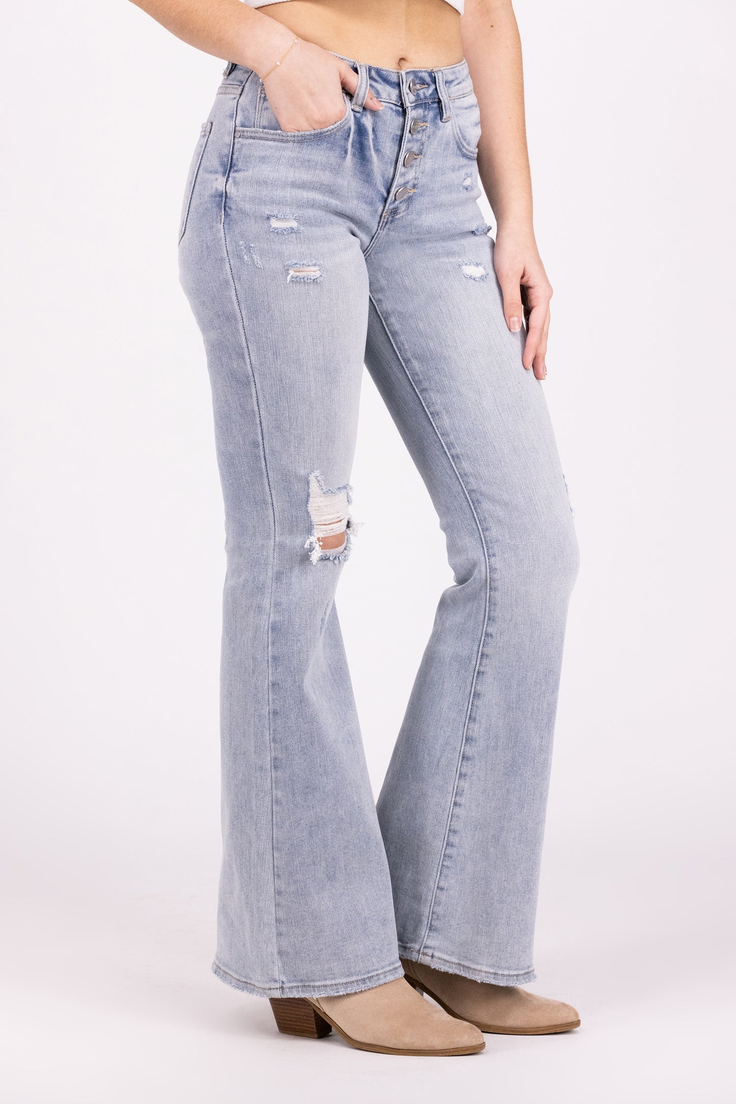 Beauty In Everything From Risen: Mid-Rise Button Fly Flare Denim