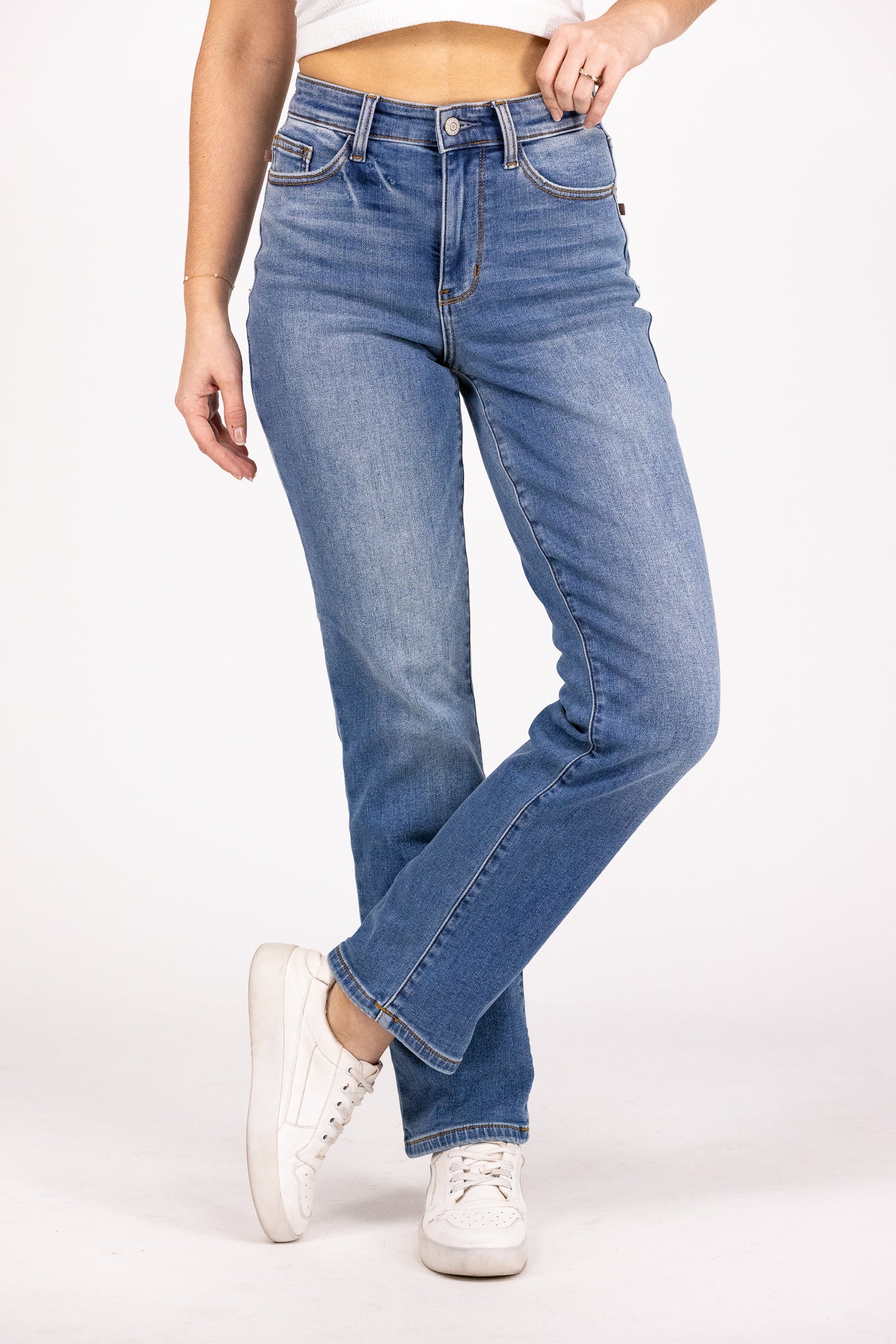 The Angie from Judy Blue: High-Rise Vintage Wash Thermal Straight Leg Denim