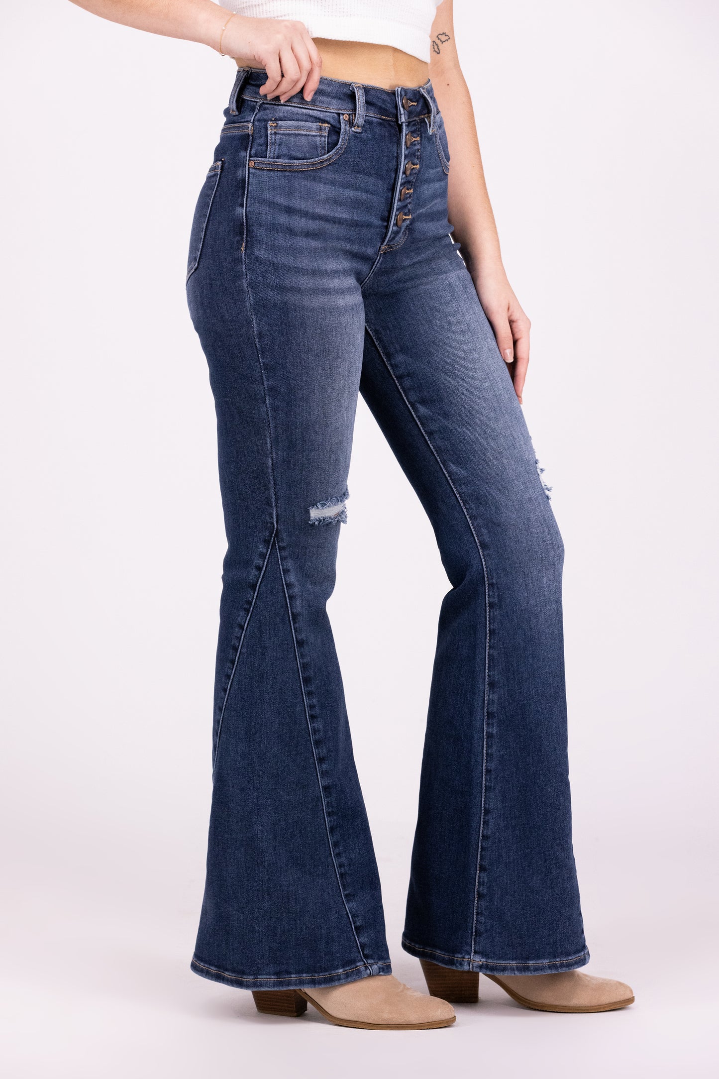 Hold My Halo From Risen: High-Rise Tummy Control Button Fly Flare Denim