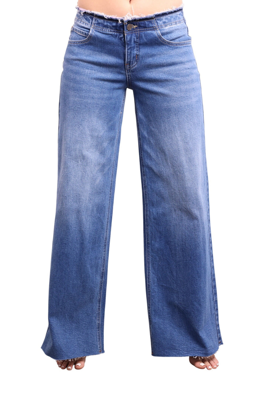 A pair of wide-leg blue denim jeans shown on a cropped model against a plain white background.