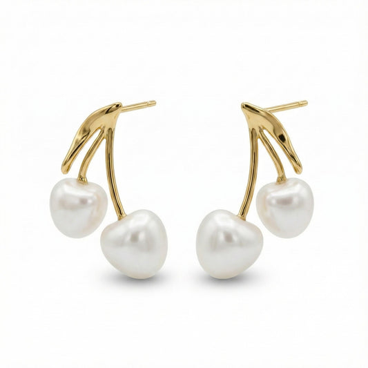 Cherry Pearl Drop Earrings in Gold