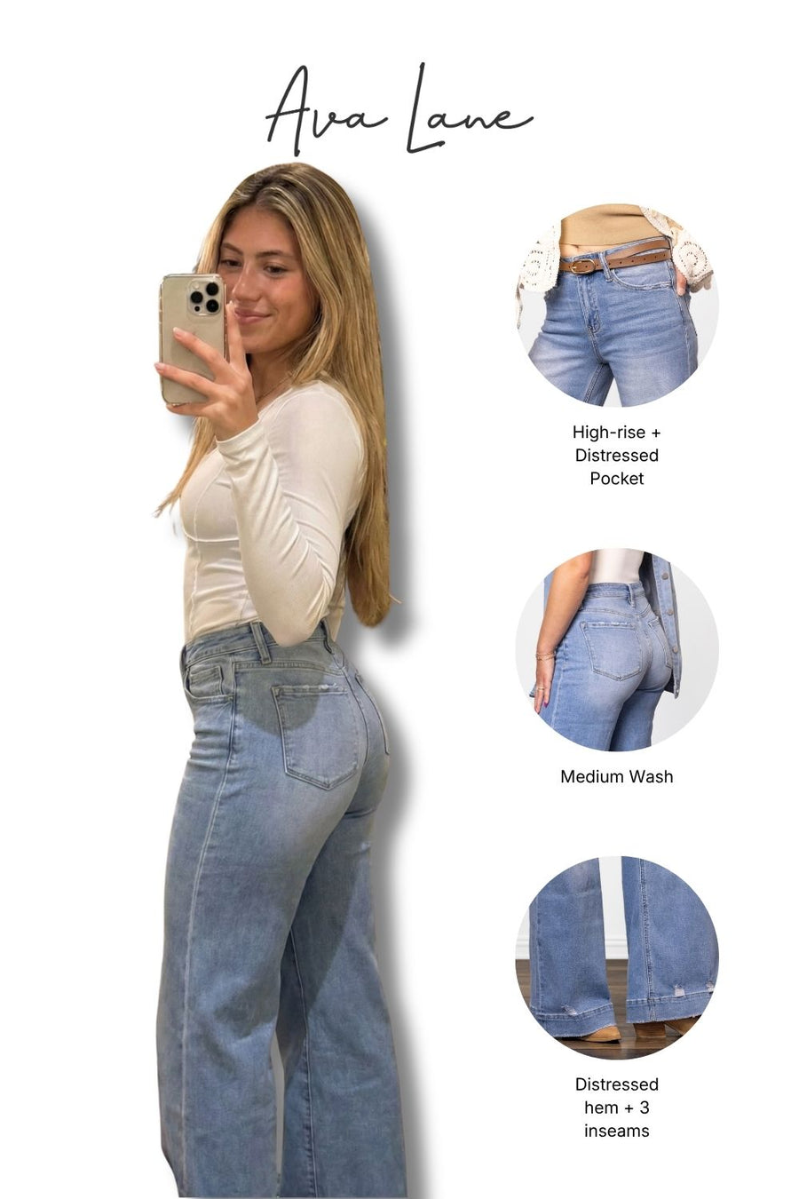 Woman taking a selfie wearing high-waisted distressed jeans with product details on a white background.