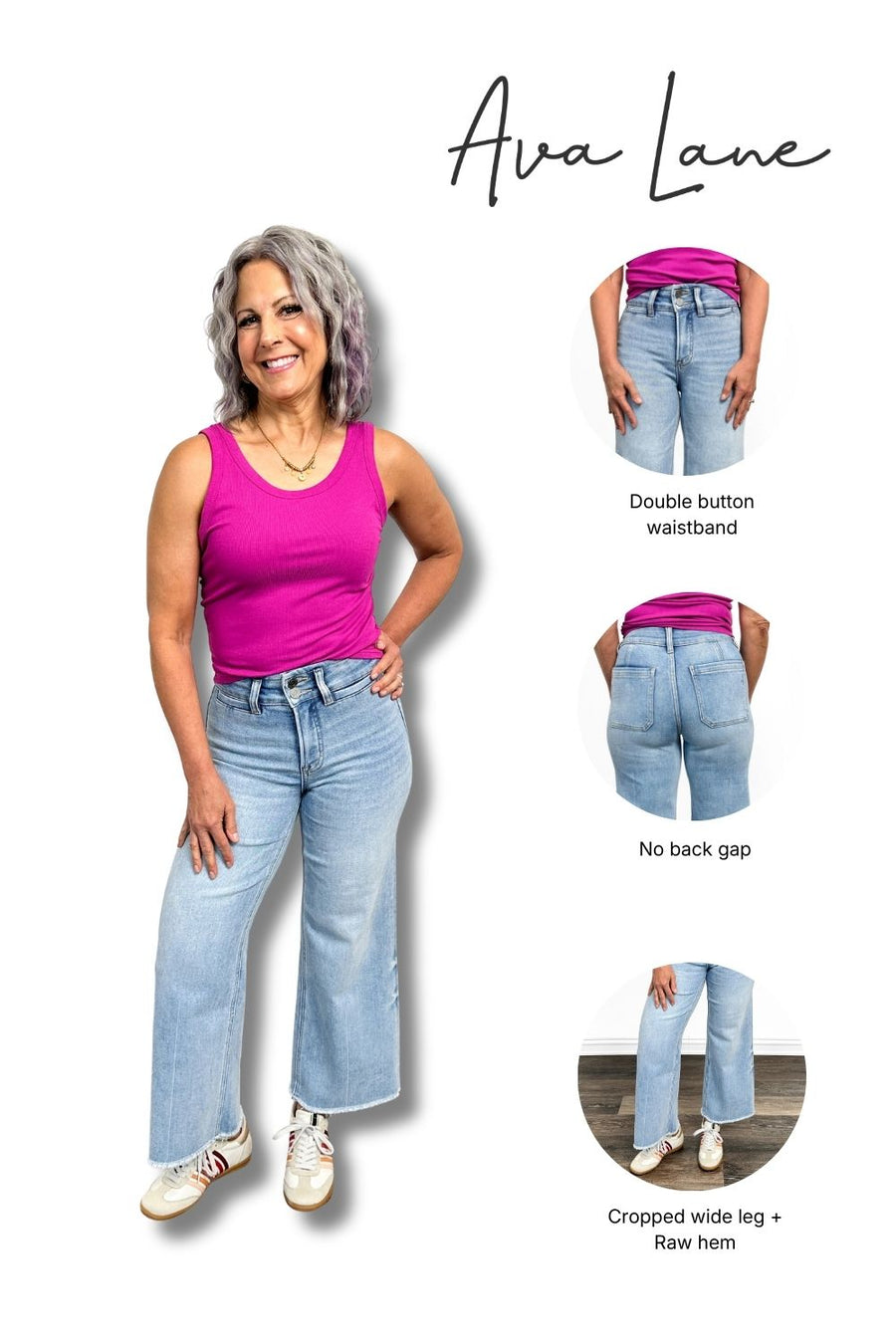Woman wearing light blue jeans with text highlighting features on a white background