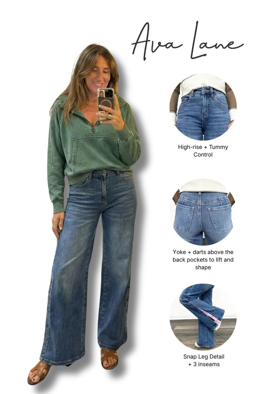 Woman wearing blue jeans with product details on a white background