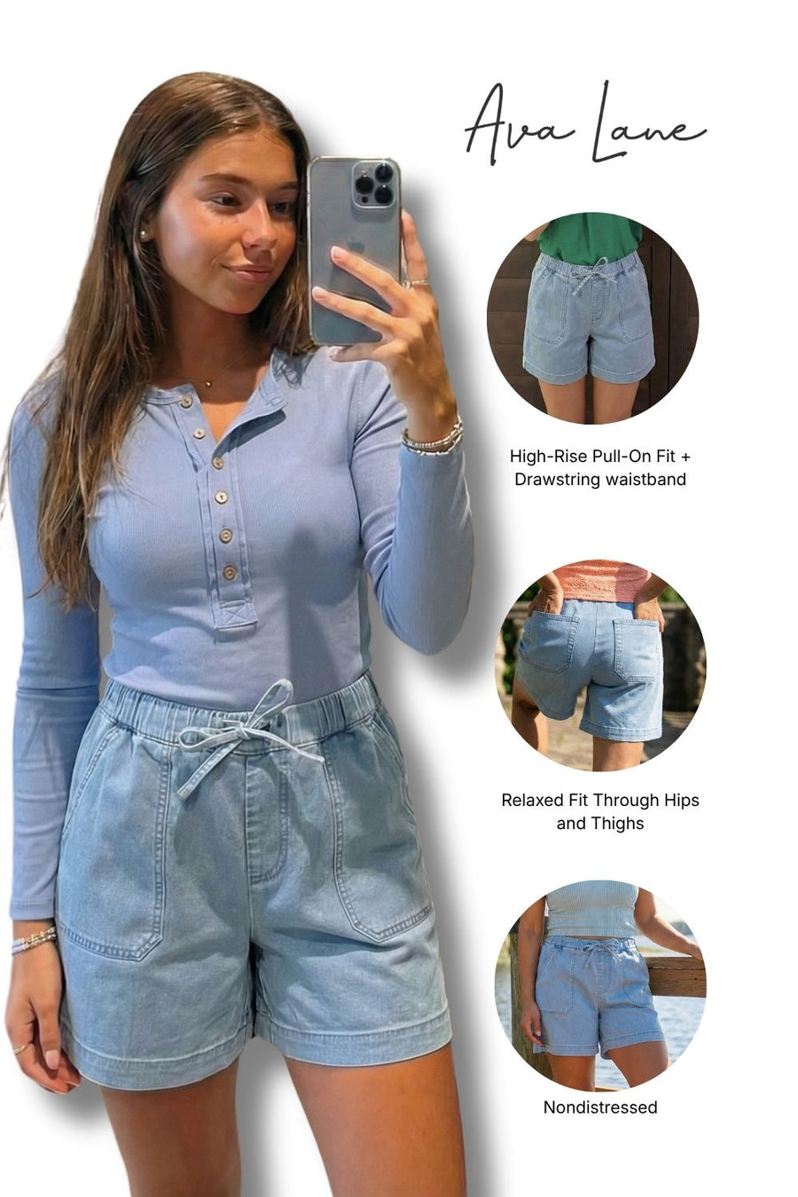 Woman taking a mirror selfie wearing a blue long-sleeve top and denim shorts, with 'Ava Lane' branding and product details.