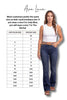 Woman wearing jeans with a size chart next to her, labeled 'Ava Lane'.