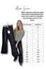 Woman holding a pair of black jeans next to a size chart for Ava Lane clothing brand.