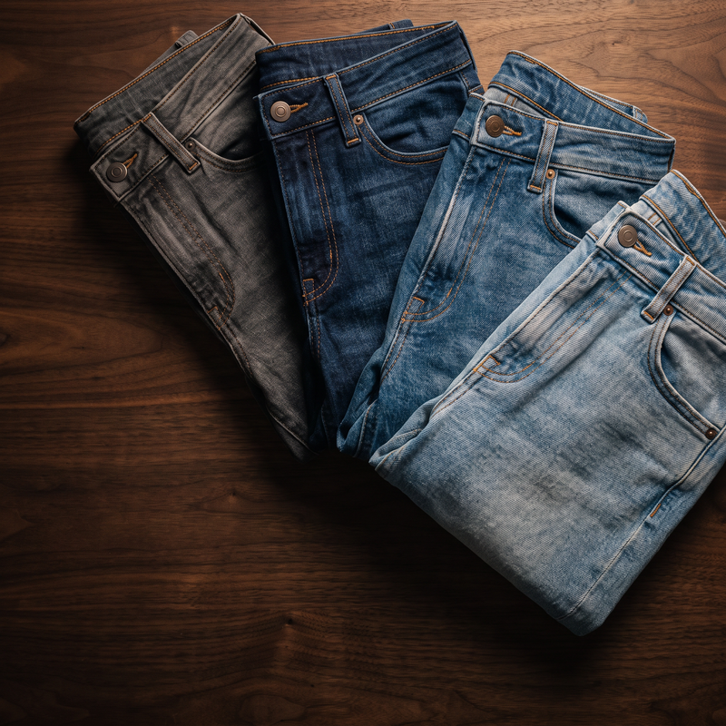 Stack of folded Ava Lane jeans in ecru, blue, indigo, and black