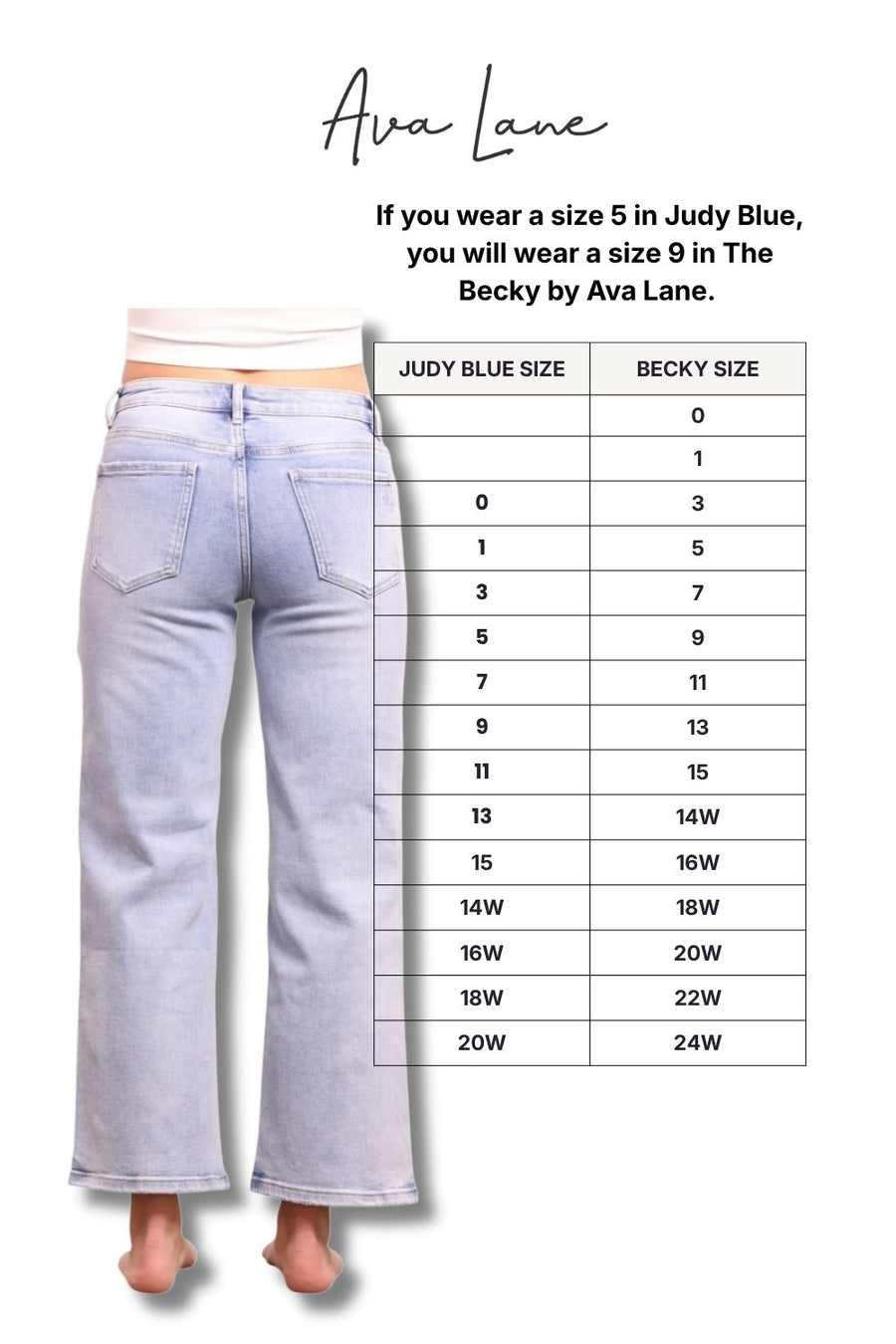 Light blue jeans with a size chart for Ava Lane clothing brand on a white background