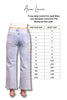 Light blue jeans with a size chart for Ava Lane clothing brand on a white background