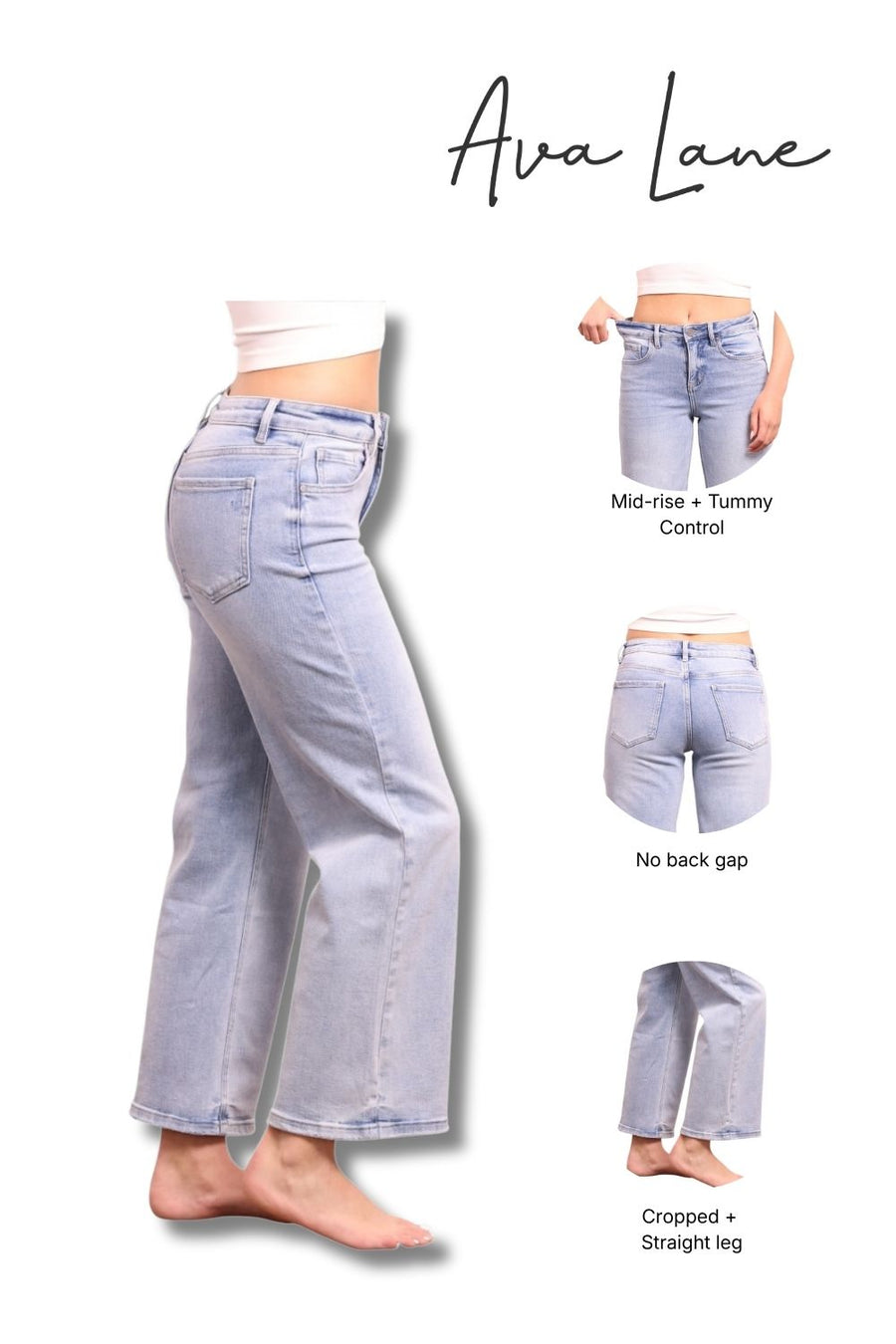 Light blue jeans displayed with a person wearing them, showing different styles and features.